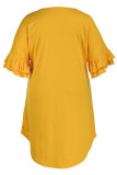 Gele casual effen patchwork asymmetrische O-hals recht grote maten jurken