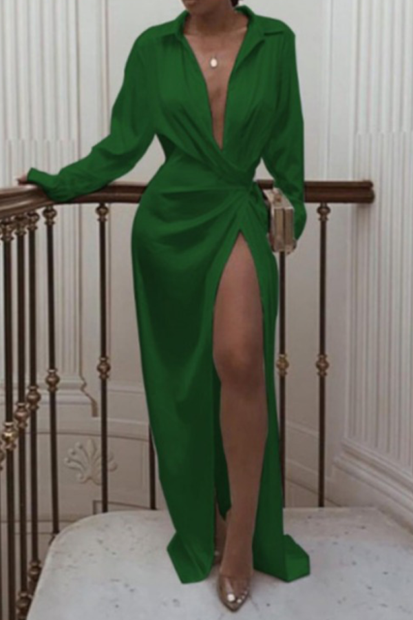 Vestidos de falda de cintura con cuello vuelto de retazos con estampado de moda verde