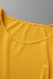 Желтые повседневные однотонные лоскутные асимметричные с круглым вырезом прямые платья больших размеров