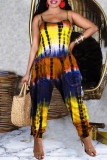 Yellow Fashion Casual Print Embroidery Backless Spaghetti Strap Regular Jumpsuits