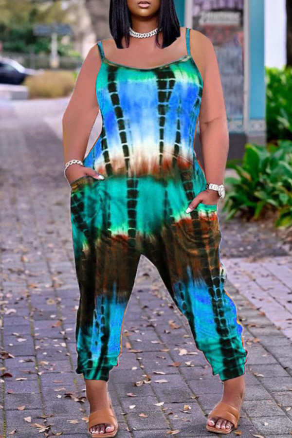 グリーンファッションカジュアルプリント刺繡バックレススパゲッティストラップレギュラージャンプスーツ