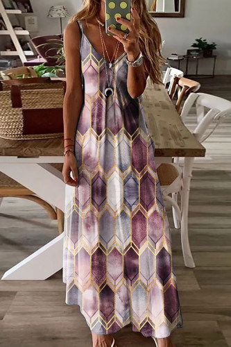 Purple Fashion Casual Print Backless Spaghetti Strap Long Dress Dresses