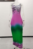 グリーン パープル ファッション カジュアル プラス サイズ 段階的な変化 ヒョウ柄 バックレス スパゲッティ ストラップ ロング ドレス