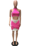 Rose Red Fashion Sexy Solid Patchwork See-through O Neck Sleeveless Two Pieces