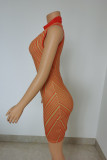 Orange Mode Casual Print Patchwork ärmlös klänning med turtleneck