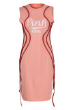 ピンク カジュアル プリント タッセル パッチワーク O ネック ワンステップ スカート ドレス
