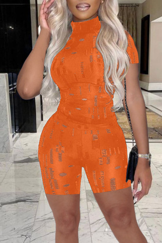 Tangerine Red Sexy Solid Hollowed Out Patchwork O Neck Short Sleeve Two Pieces
