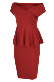 Red Casual Solid Patchwork Flounce V Neck Dresses