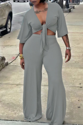 Gray Green Sexy Solid Bandage Patchwork V Neck Half Sleeve Two Pieces