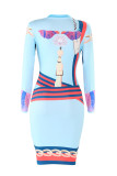 Multicolor Fashion Casual Print Basic O Neck Long Sleeve Dresses