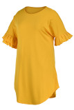 Gele casual effen patchwork asymmetrische O-hals recht grote maten jurken
