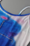Blauer, lässiger, bedruckter, normaler Jumpsuit mit Tie-Dye-Patchwork und Spaghettiträgern