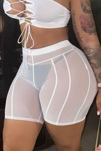 White Sexy Solid Mesh Skinny High Waist Pencil Solid Color Bottoms