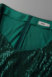 グリーン セレブリティ 無地 タッセル スパンコール パッチワーク 非対称 Vネック ワンステップ スカート ドレス