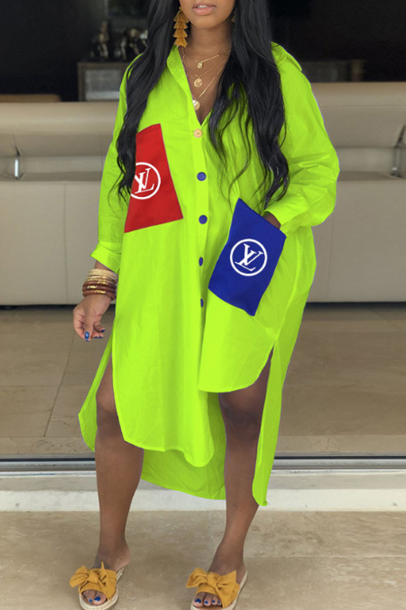 

Fluorescent Green Fashion Casual Print Letter Turndown Collar Shirt Dress Dresses