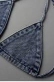 Bandagem sólida sexy azul patchwork frente única duas peças