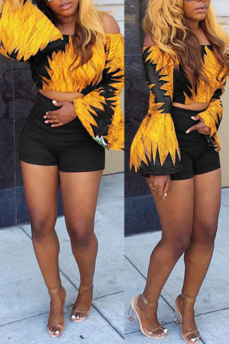 Black Casual Print Patchwork Off the Shoulder Long Sleeve Two Pieces