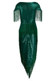 グリーン セレブリティ 無地 タッセル スパンコール パッチワーク 非対称 Vネック ワンステップ スカート ドレス