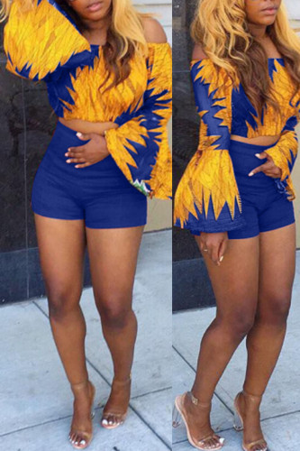Blue Casual Print Patchwork Off the Shoulder Long Sleeve Two Pieces