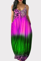 グリーン パープル ファッション カジュアル プラス サイズ 段階的な変化 ヒョウ柄 バックレス スパゲッティ ストラップ ロング ドレス