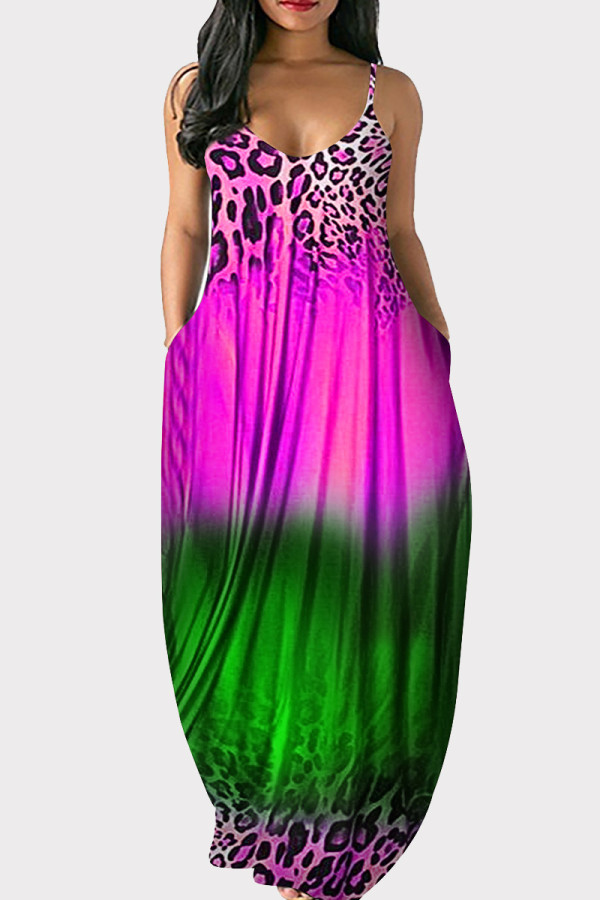 Grön Lila Mode Casual Plus Size Gradvis förändring Leopard Print Backless Spaghetti Strap Lång Klänning