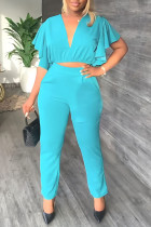 Blue Casual Solid Patchwork Flounce V Neck Short Sleeve Two Pieces Ruffle Trim Crop Tops And Pants Sets