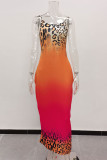 Vestido largo correa de espagueti sin espalda con estampado de leopardo de cambio gradual de talla grande casual rojo naranja