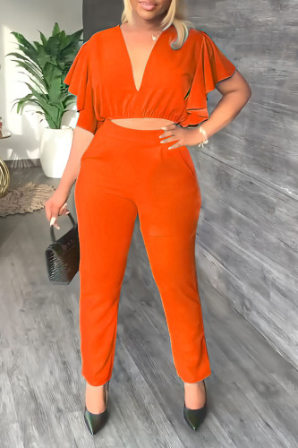 Tangerine Red Casual Solid Patchwork Flounce V Neck Short Sleeve Two Pieces Ruffle Trim Crop Tops And Pants Sets