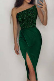 Red Fashion Sexy Patchwork Sequins Backless Slit Strapless Evening Dress
