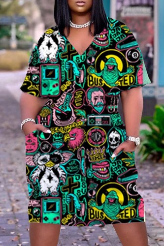 Black Green Casual Print Patchwork V Neck Straight Dresses