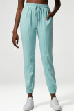 Calça esportiva casual azul claro com patchwork sólido regular calças cintura alta