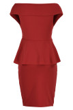 Röda Casual Solid Patchwork Volanger V-ringad klänningar
