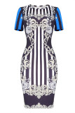 Blå Mode Casual Print Basic O-hals kortärmad klänning