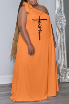 Naranja Estampado casual Vendaje Patchwork Cuello oblicuo Recto Vestidos de talla grande