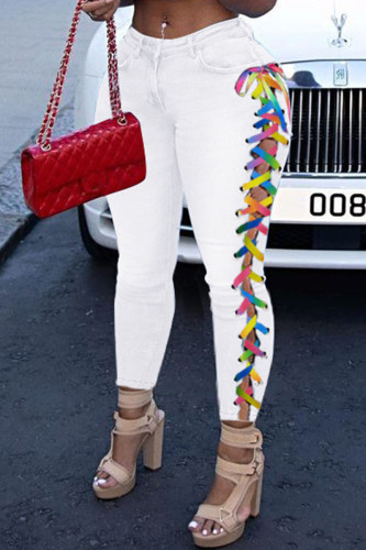 White Fashion Casual Solid Bandage High Waist Skinny Denim Jeans