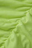 Зеленые желтые повседневные однотонные лоскутные складки с круглым вырезом и короткими рукавами из двух частей