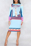 Lila Fashion Casual Print Basic O-Ausschnitt Langarm-Kleider