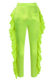 Fluorescent Yellow Casual Solid Patchwork Flounce High Waist Pencil Solid Color Bottoms