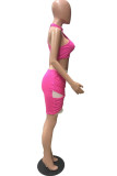 Розово-красный модный сексуальный сплошной пэчворк прозрачный с круглым вырезом без рукавов из двух частей