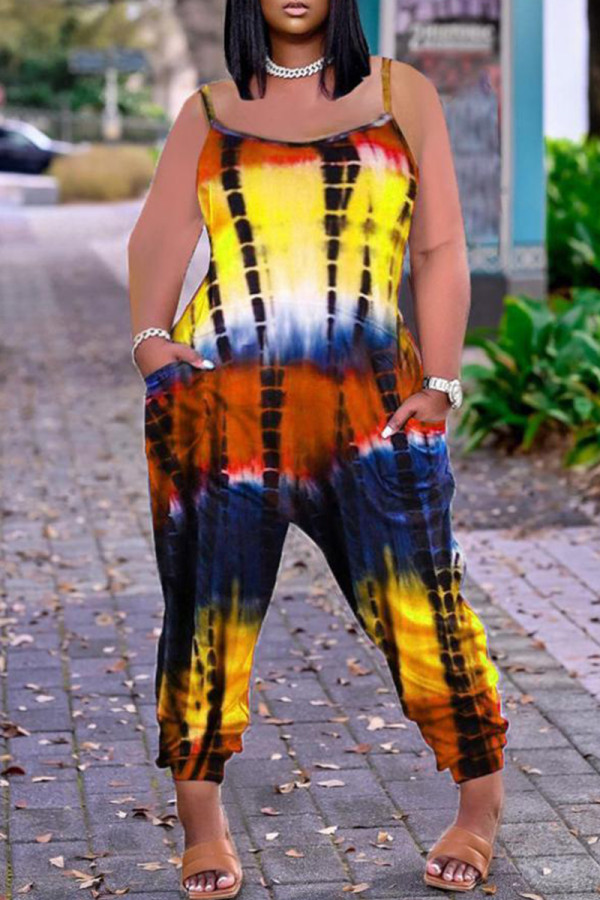 イエローファッションカジュアルプリント刺繡バックレススパゲッティストラップレギュラージャンプスーツ