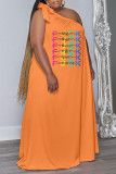オレンジカジュアルプリント包帯パッチワーク斜め襟ストレートプラスサイズのドレス