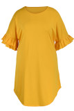 Желтые повседневные однотонные лоскутные асимметричные с круглым вырезом прямые платья больших размеров