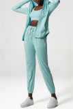 Hellblaue, lässige Sportkleidung, einfarbige Patchwork-Hose mit normaler hoher Taille