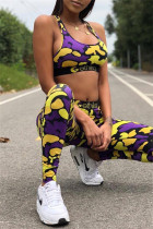 Lila Sexig Casual Sportswear Print Patchwork O-hals ärmlös två delar