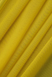 Amarelo casual sólido patchwork assimétrico alça espaguete sem mangas duas peças