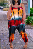 レッドファッションカジュアルプリント刺繡バックレススパゲッティストラップレギュラージャンプスーツ