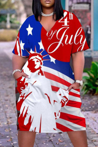 Red White Casual Gradual Change Flag Star Print Pocket V Neck African Loose Straight Midi Dress