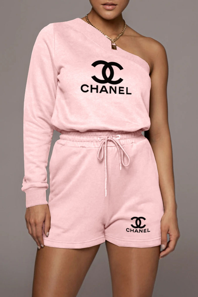 

Pink Fashion Casual Print Letter One Shoulder Long Sleeve Two Pieces