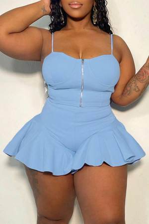 Blue Sexy Solid Split Joint Flounce Zipper Two Pieces