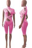 Pink Solid Hollowed Out Patchwork See-through Asymmetrical Half A Turtleneck Skinny Rompers